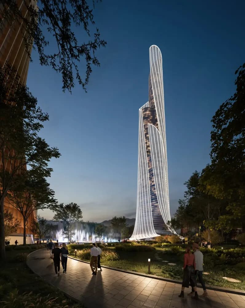 A twisting supertall form redefines Dushanbe’s skyline and urban identity. © RMJM Milano