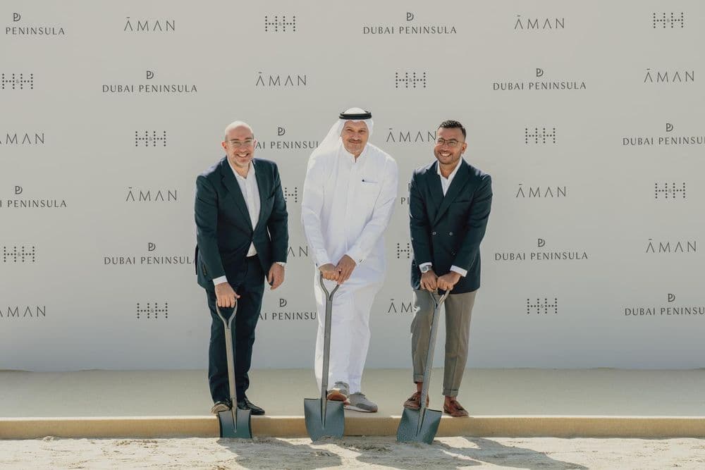 Aman Dubai Groundbreaking. From left to right: Miltos Bossinis, CEO of H&H, Shahab Lufti, Chairman of H&H, Vlad Doronin, Chairman; and CEO of Aman Group. Image: Supplied