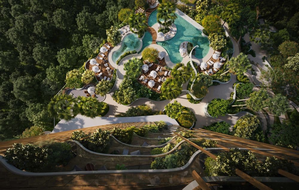 A view of Kanyon’s cascading forest terraces and horizon-facing residences within the Forest District.