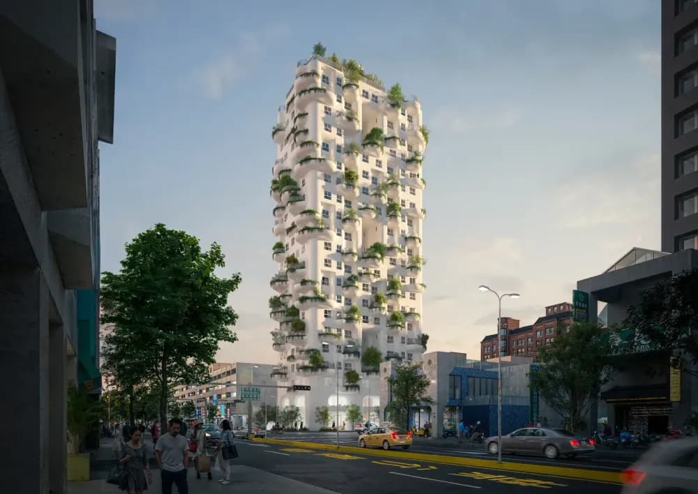 A sculpted vertical garden wraps the 21-storey tower, weaving greenery through every level. 