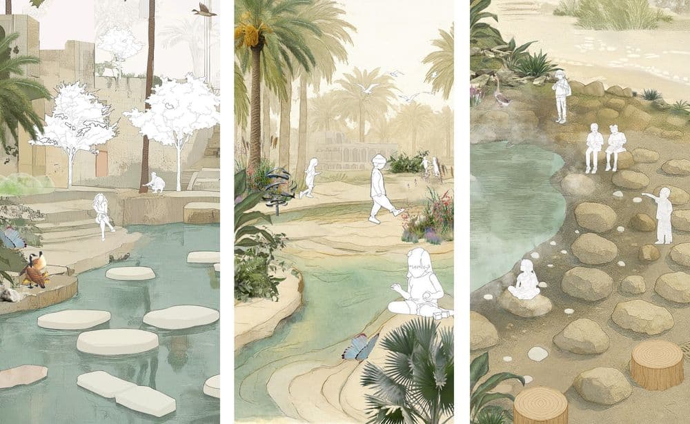 Water contributes to a carefully controlled microclimate, supported by shaded walkways and layered planting.
