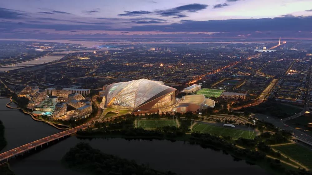 One firm’s concept for the RFK Stadium site features a new domed stadium. Design by KATO, visualizations by ATCHAIN.