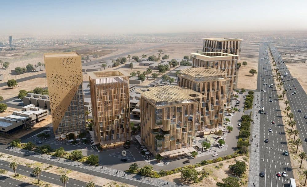 Artist’s rendering of RMJM’s Salmani design–inspired mixed-use development in Al Qairawan, Riyadh, reflecting layered façades, climate-responsive shading and integrated public spaces.