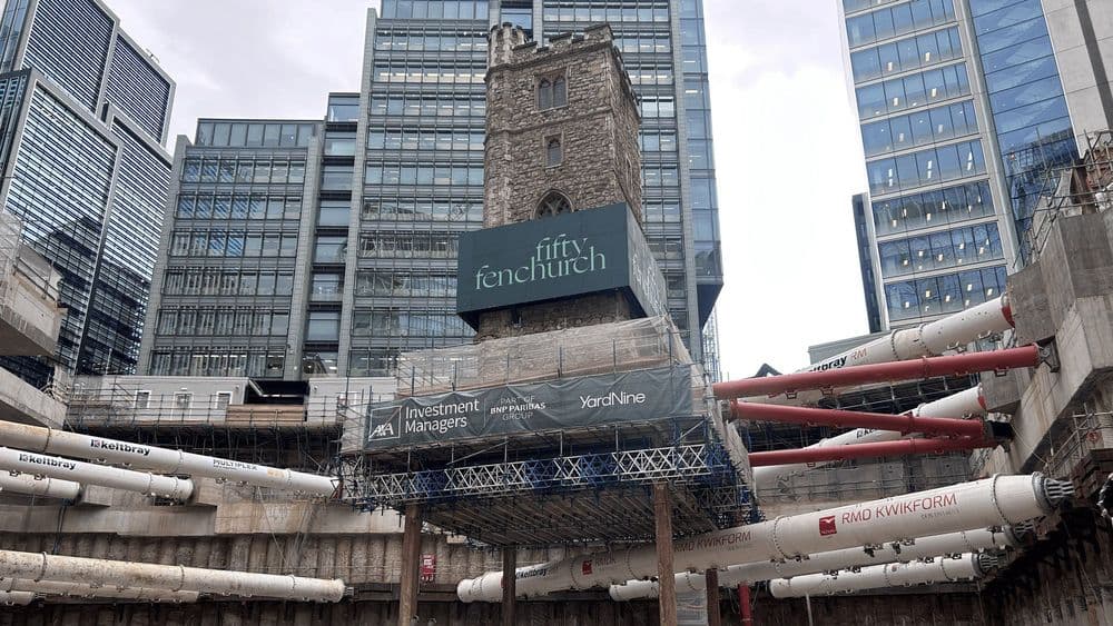 London’s 700-year-old Tower of All Hallows Staining is being suspended 14 meters above ground