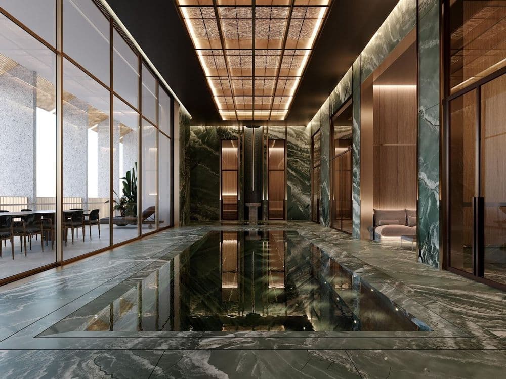 Marble-laden indoor pool. Penthouse residents’ amenities. The Carlyle Residences Dubai