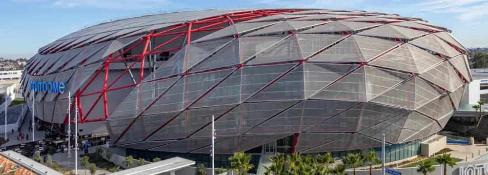 Structural steel framework under construction at the Intuit Dome 