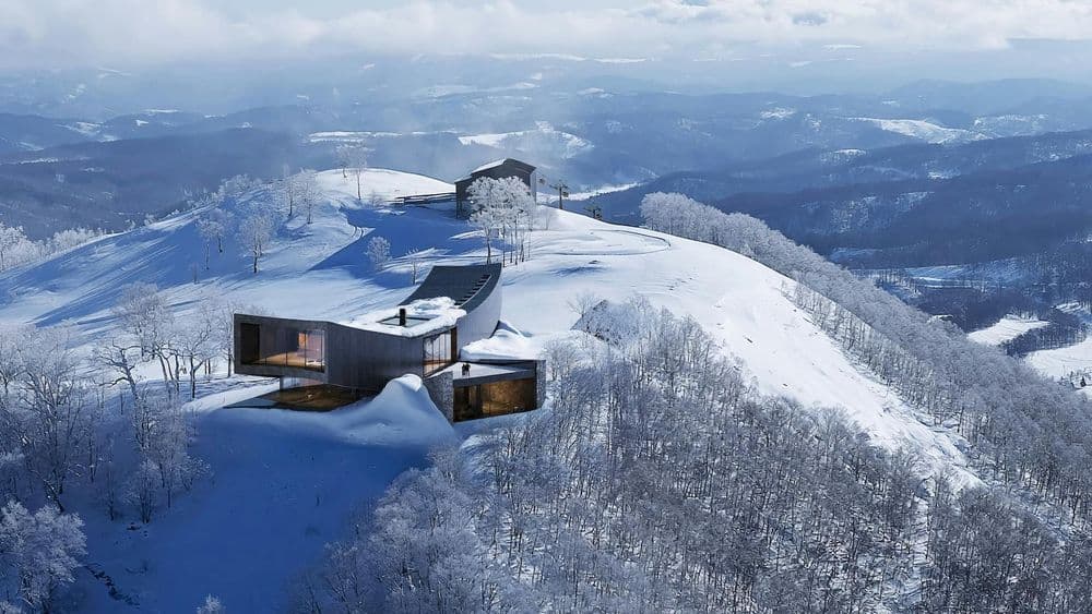 A unique mountaintop ski villa blending modern design with breathtaking views.