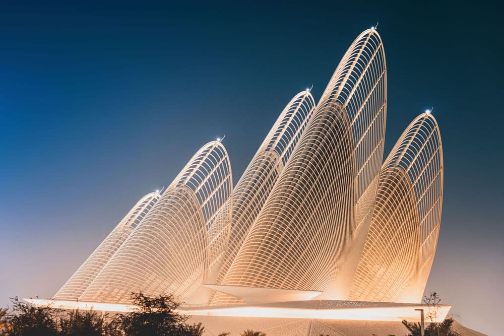 Zayed National Museum in Abu Dhabi featuring its iconic falcon-inspired towers designed by Foster + Partners.
