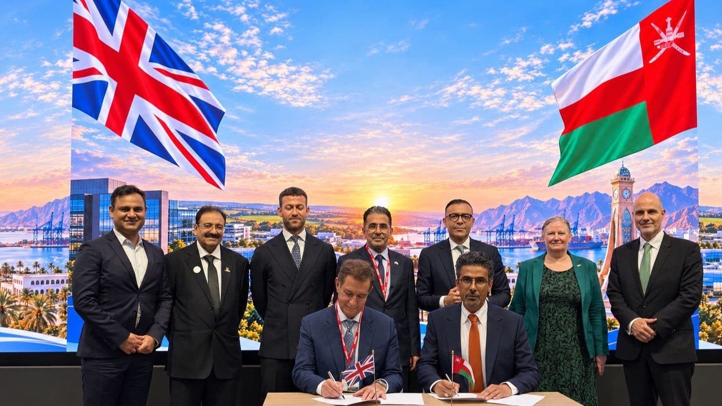 Signing ceremony in London for the Mubbadrah Investment-led AI data centre consortium in Oman, with UK and Omani flags behind the delegates