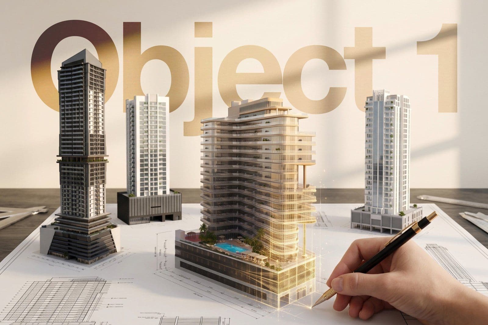 Architectural models of residential towers on drawings beneath the Object 1 name