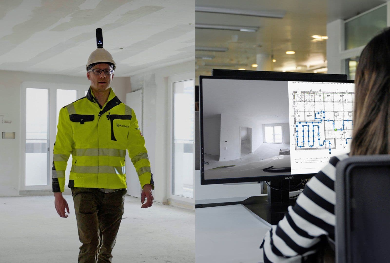 A site engineer in a PlanRadar jacket records a building interior with a helmet-mounted camera, alongside a colleague reviewing the capture on a floor plan