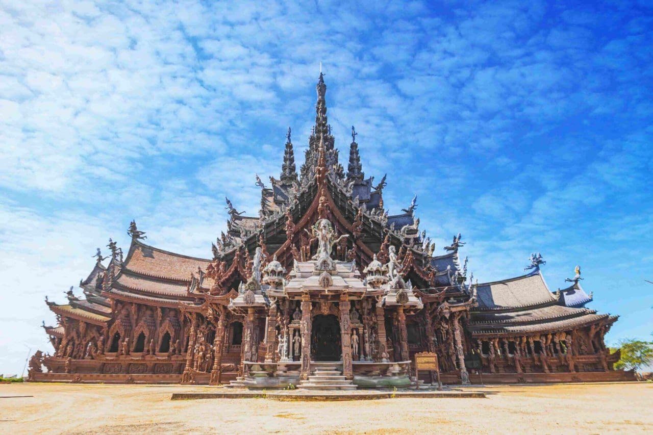 The main facade and carved spires of the Sanctuary of Truth, a timber building joined without nails
