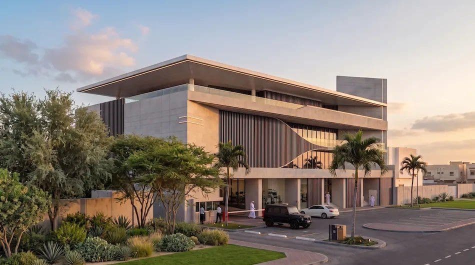 Rendering of Ain Alemarat Ophthalmology Hospital in Shakhbout City, Abu Dhabi, a former villa compound redesigned by SharpMinds Consulting Engineers