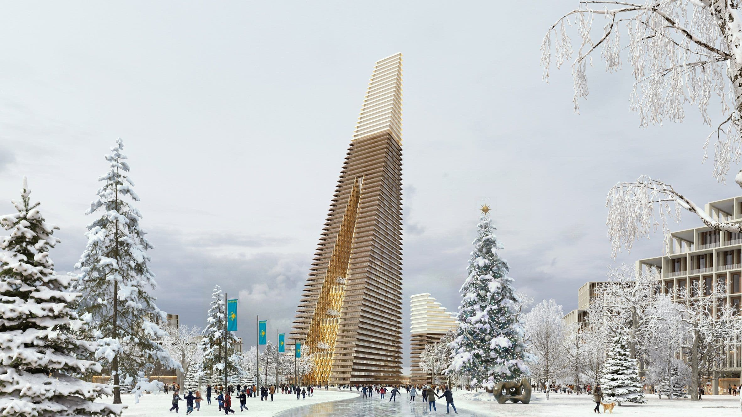 The towers’ distinctive wedge-shaped profiles were inspired by the nearby Trans‑Ili Alatau mountain range, whose dramatic landscape influenced the design language of the project.