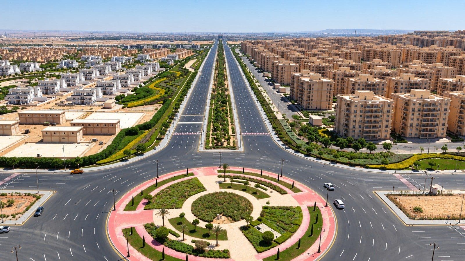 Aerial view of a roundabout and main boulevard at Kayan City, with villas on one side and apartment blocks on the other