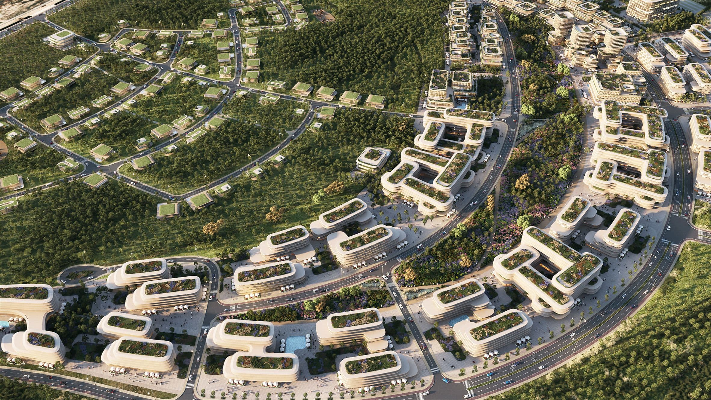 Stacked residential buildings at Baku Expo City are designed to provide protection from Baku’s strong winds. Image: © ZHA