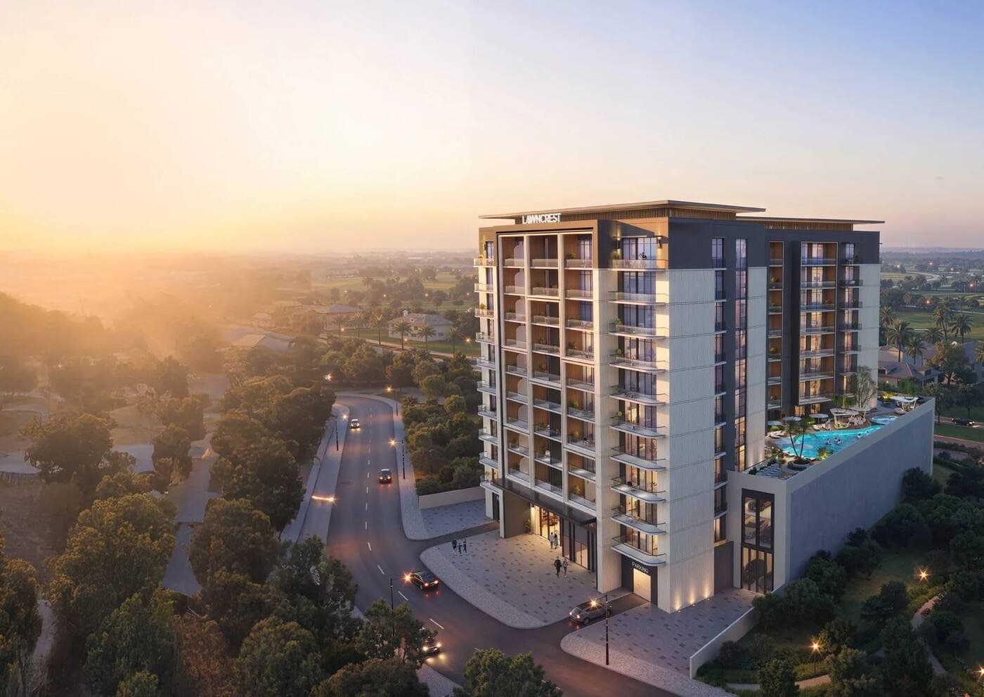 Rendering of Lawncrest, Zimaya Properties’ ten-storey residential building of 183 apartments in Dubai Production City, with a podium pool