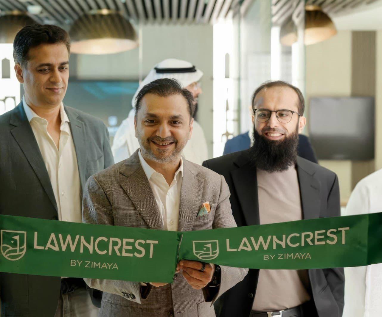 Zimaya Properties directors Shoeb Mistry, Imran Fazlani and Muhammad Arsalan Tabani at the Lawncrest launch ribbon-cutting