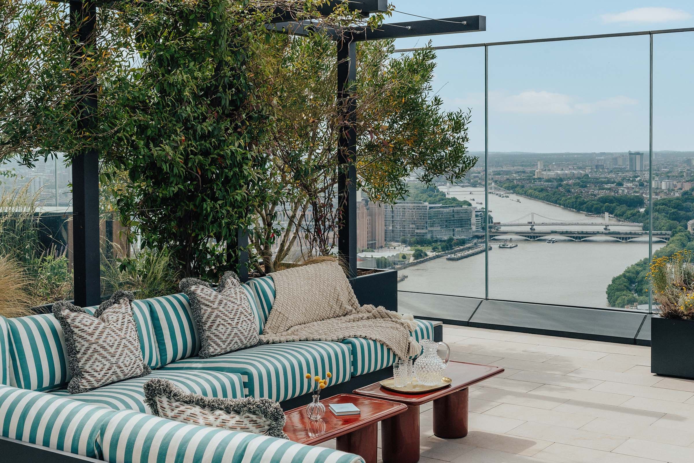 The three-bedroom show apartment at Park Hyatt London River Thames Residences features contemporary interiors and a 1,500 sq ft private terrace overlooking the River Thames.