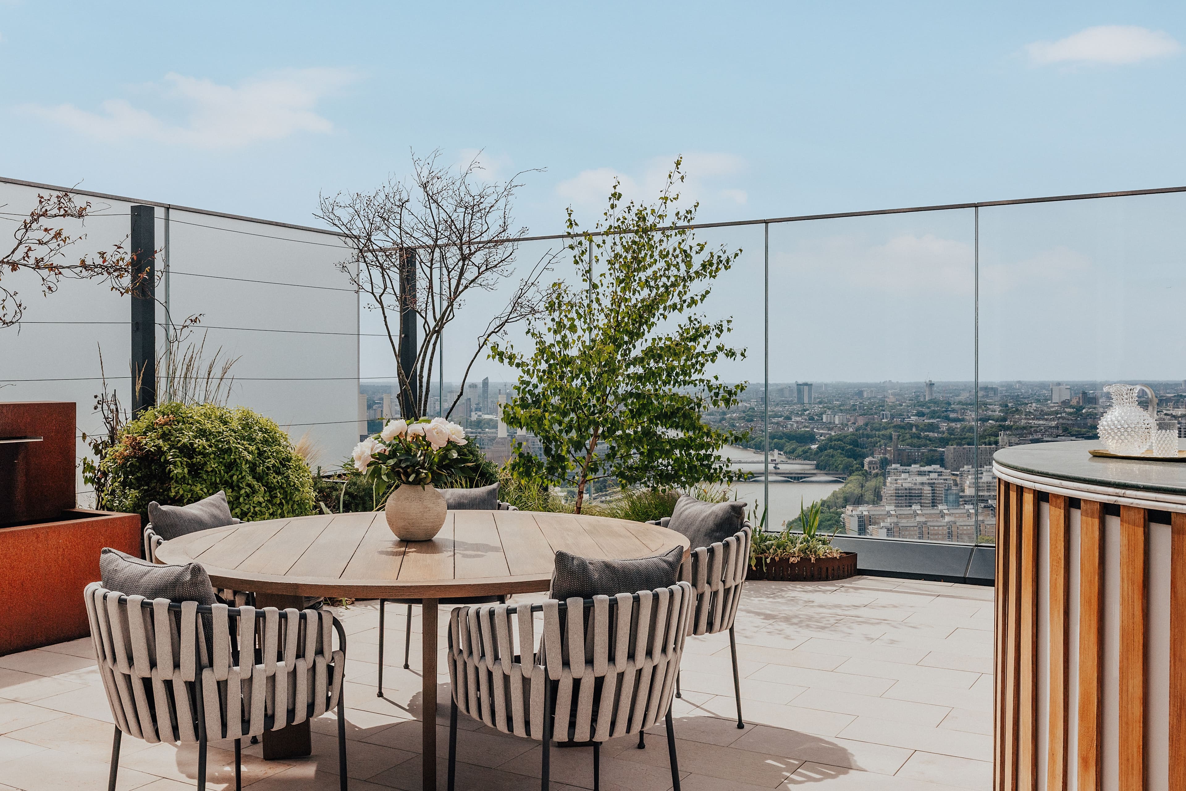 The three-bedroom show apartment at Park Hyatt London River Thames Residences features contemporary interiors and a 1,500 sq ft private terrace overlooking the River Thames.