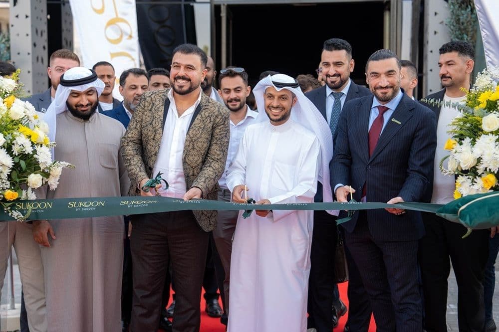 Amro Saleh, CEO of Sanzen, Abdulaziz Al Sanad, Chairman, and Rohallah Rezai, Partner, during the opening of the Sukoon sales centre in Sharjah.