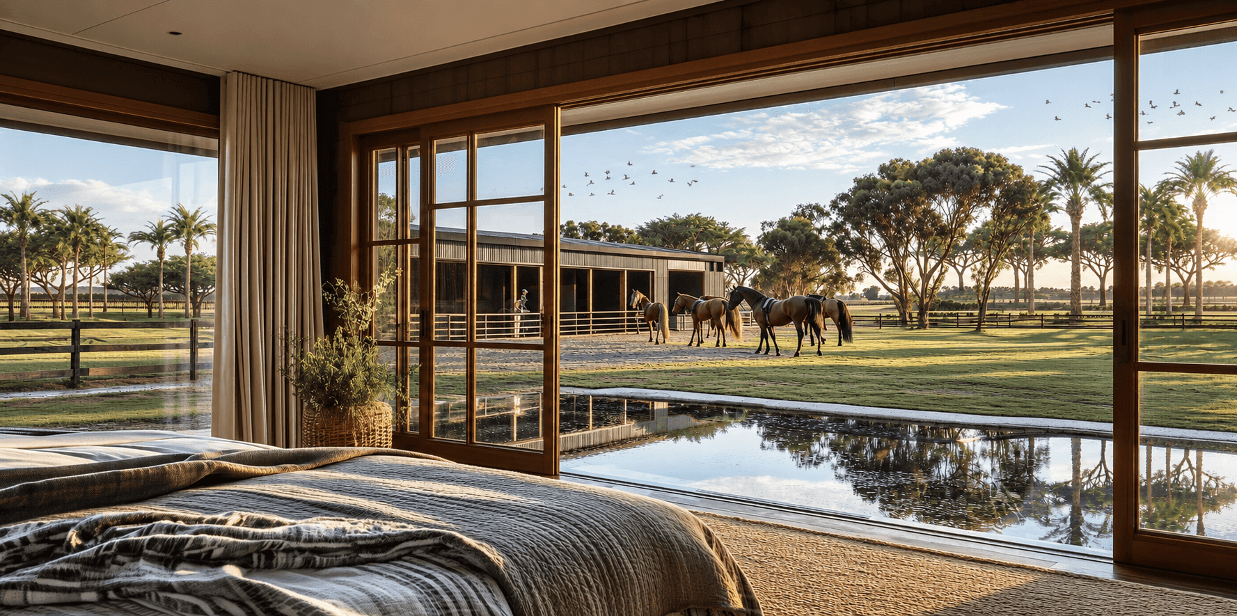 Bedroom overlooking the stables at Dubai Polo Club.