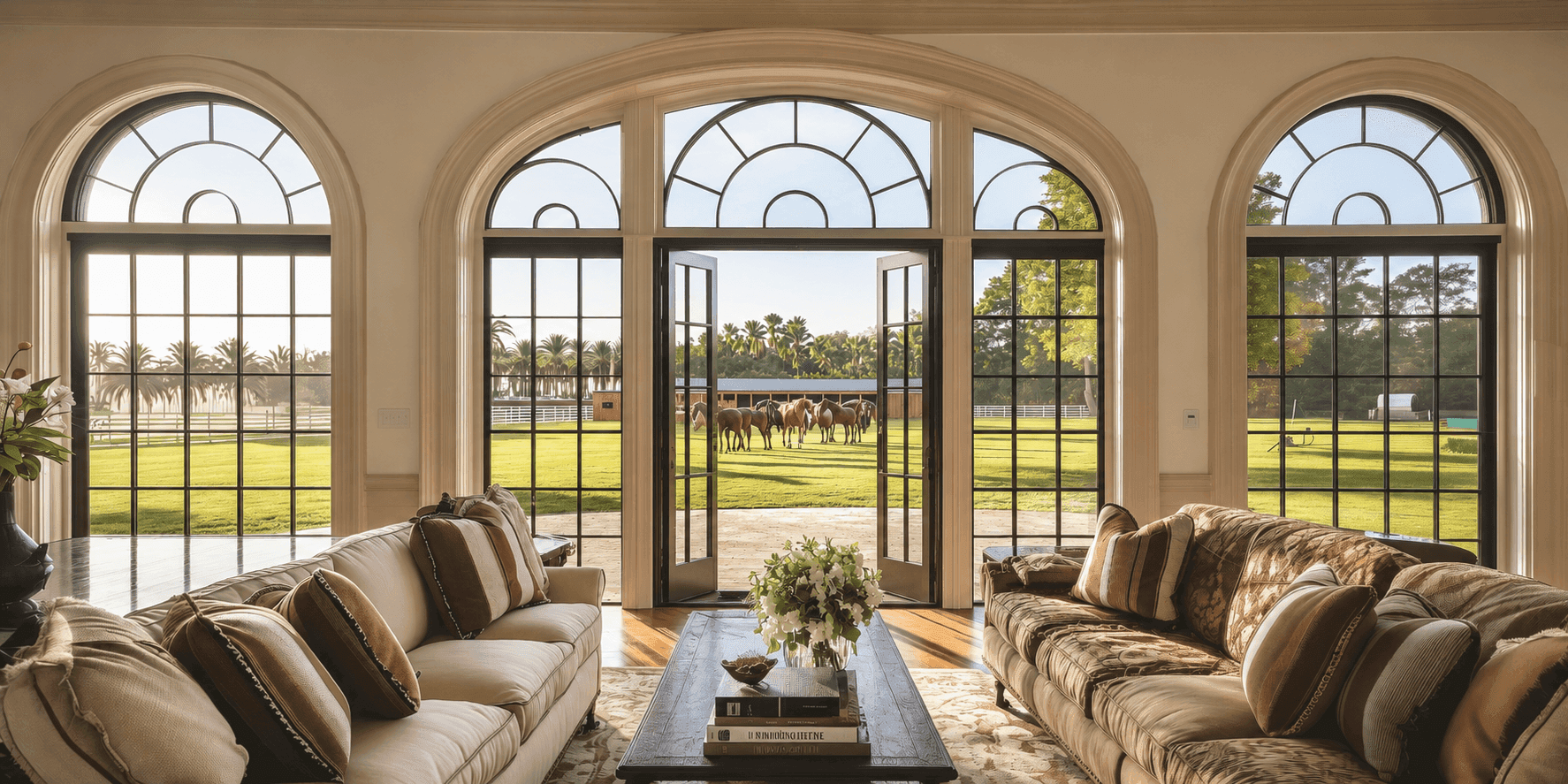 Lounge area overlooking the stables at Dubai Polo Club.