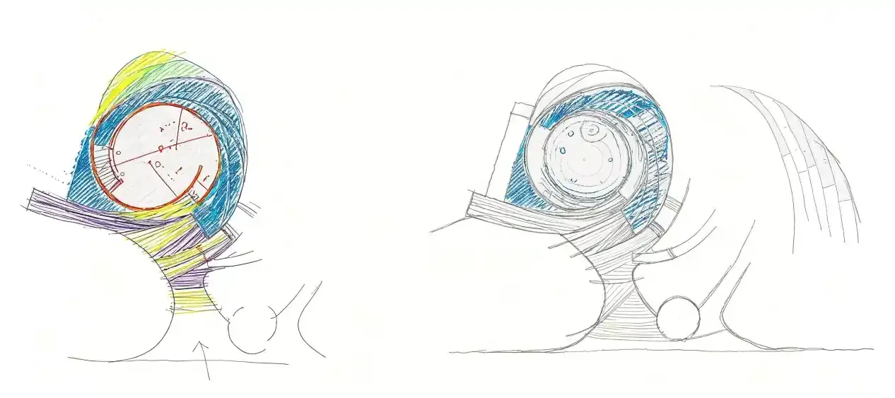 Early design sketches illustrate the development of The Seed’s circular form and its integration with the surrounding landscape.
