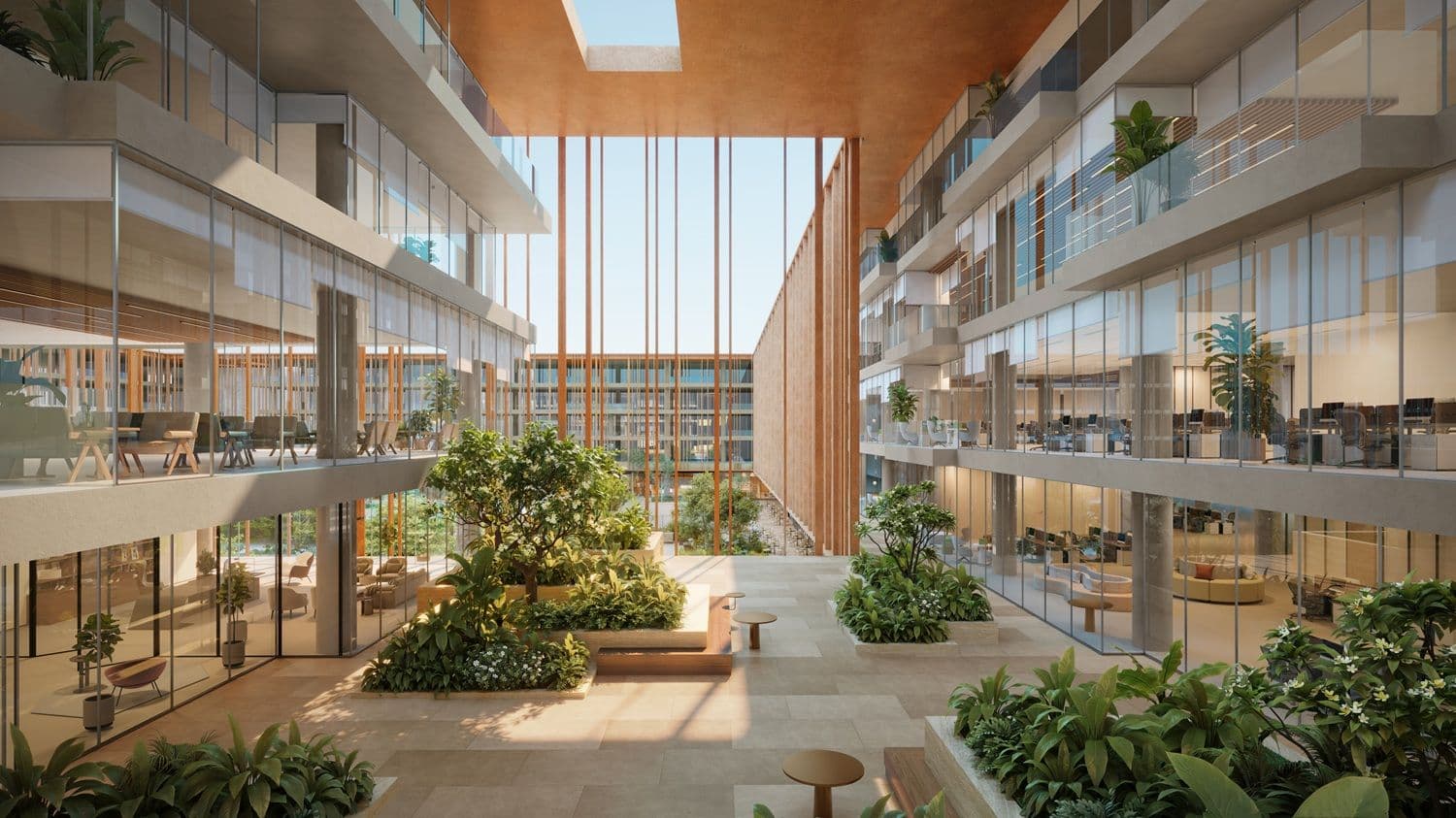 Interior courtyard at The Yards Plaza, designed around greenery and shared spaces.