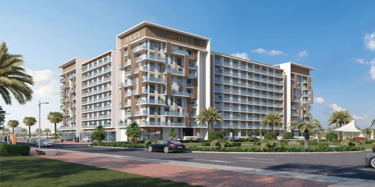 Render of Beach Oasis II, Azizi Developments’ low-rise residential community in Dubai Studio City, seen from a landscaped street