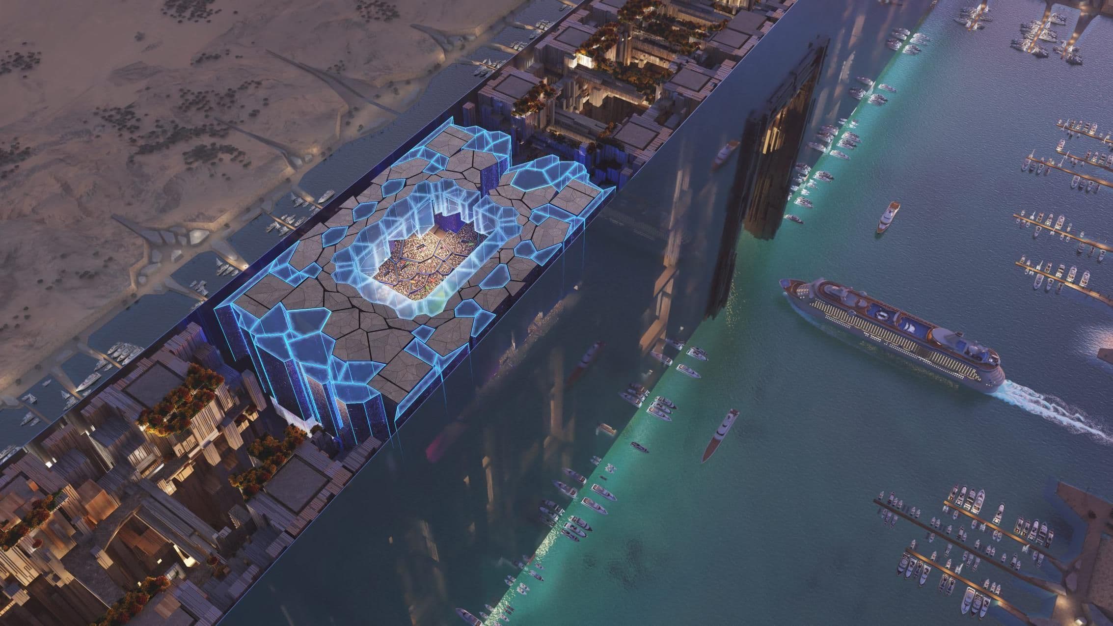 The proposed NEOM Stadium at The Line, planned for the 2034 FIFA World Cup.