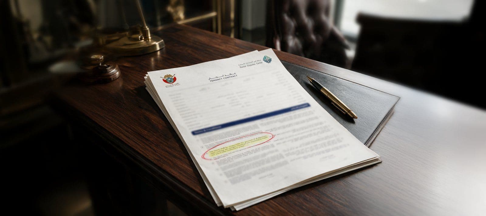 A Rental Disputes Center tenancy contract on a desk with one clause circled in red, as the RDC urges landlords and tenants to review agreements in full