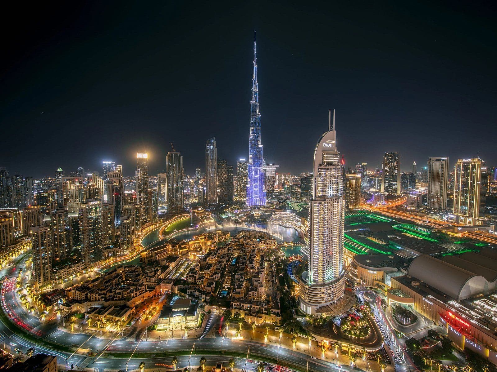 Downtown Dubai at night, with Burj Khalifa at its centre. The Burj Khalifa area led Dubai’s rental contracts by total value in 2025.