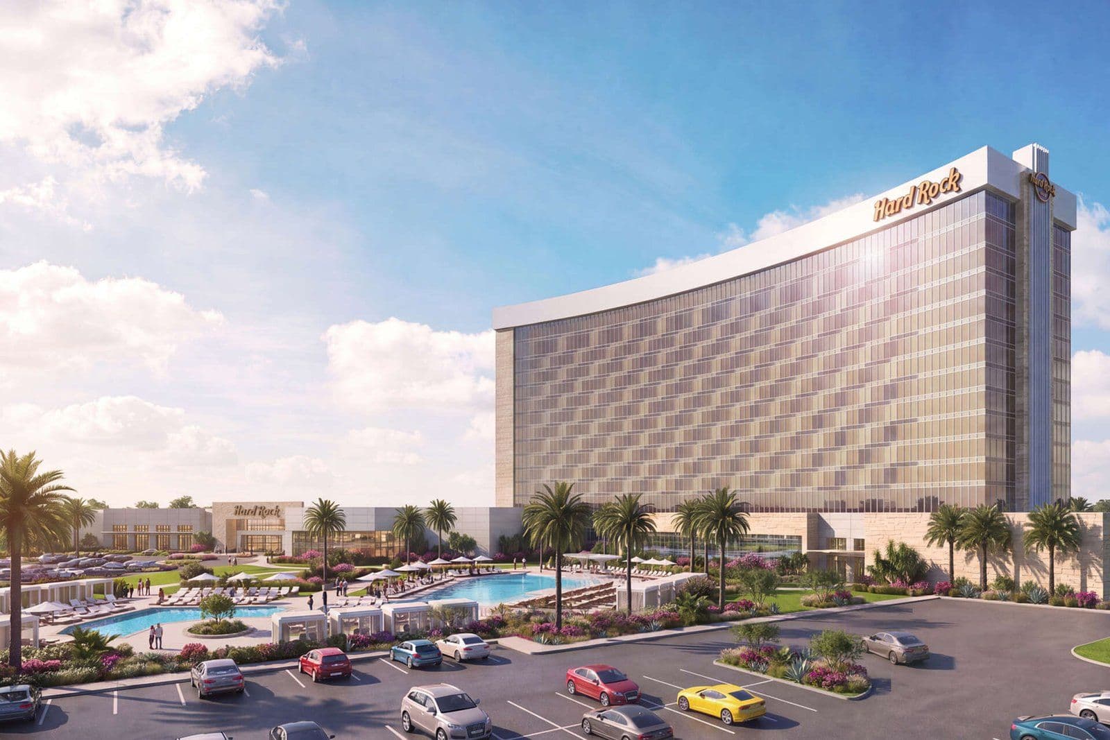 Rendering of the curved Hard Rock Hotel tower beside pools, cabanas and parking at Hard Rock Hotel & Casino Tejon in Mettler, California