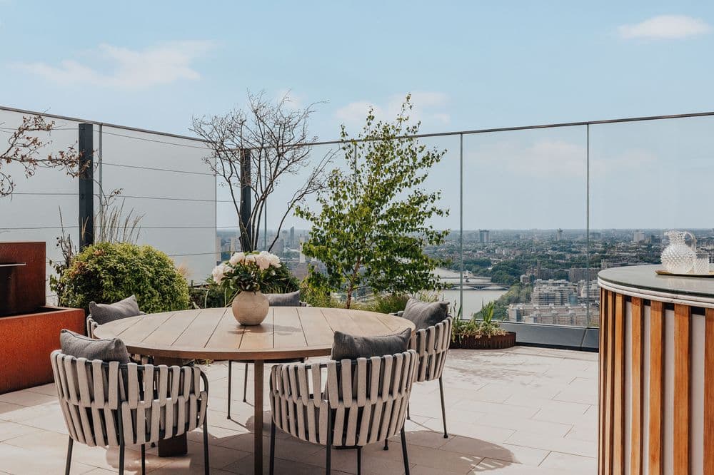 The three-bedroom show apartment at Park Hyatt London River Thames Residences features contemporary interiors and a 1,500 sq ft private terrace overlooking the River Thames.