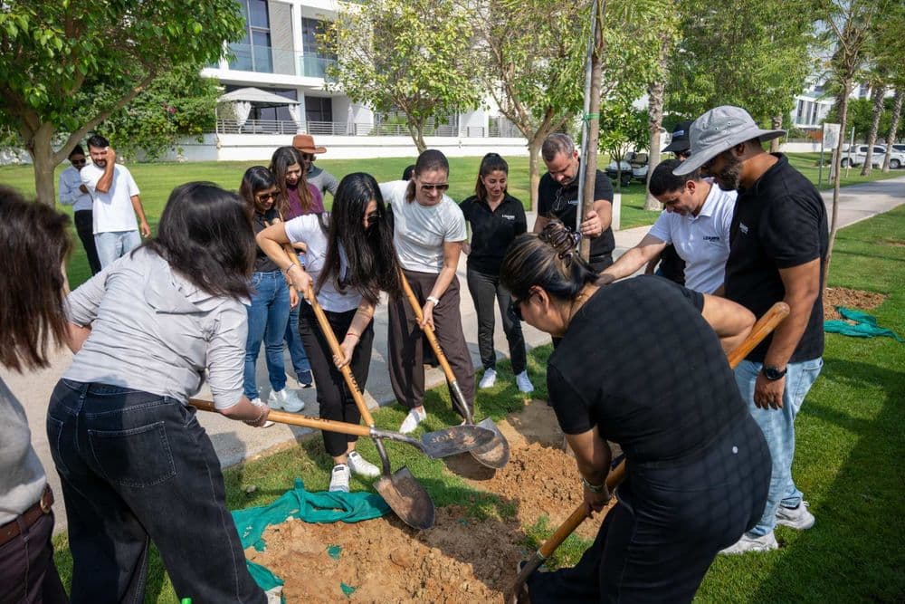 The DAMAC team planting flame trees across its communities