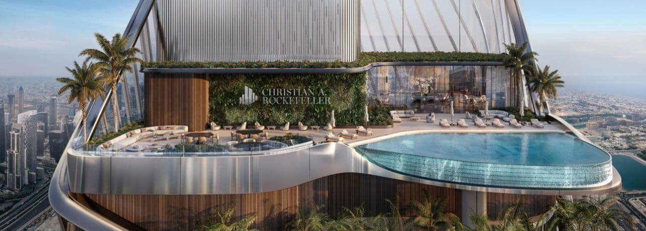 Rendering of a pool terrace at the Christian A. Rockefeller Business Tower, where an infinity pool and landscaped areas are planned for office tenants