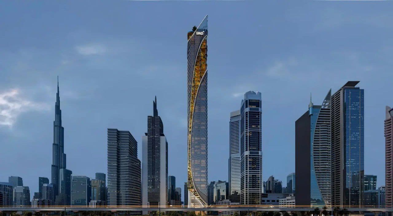 Rendering of the Christian A. Rockefeller Business Tower on the Sheikh Zayed Road skyline, the 400-metre office tower LMD plans in Dubai