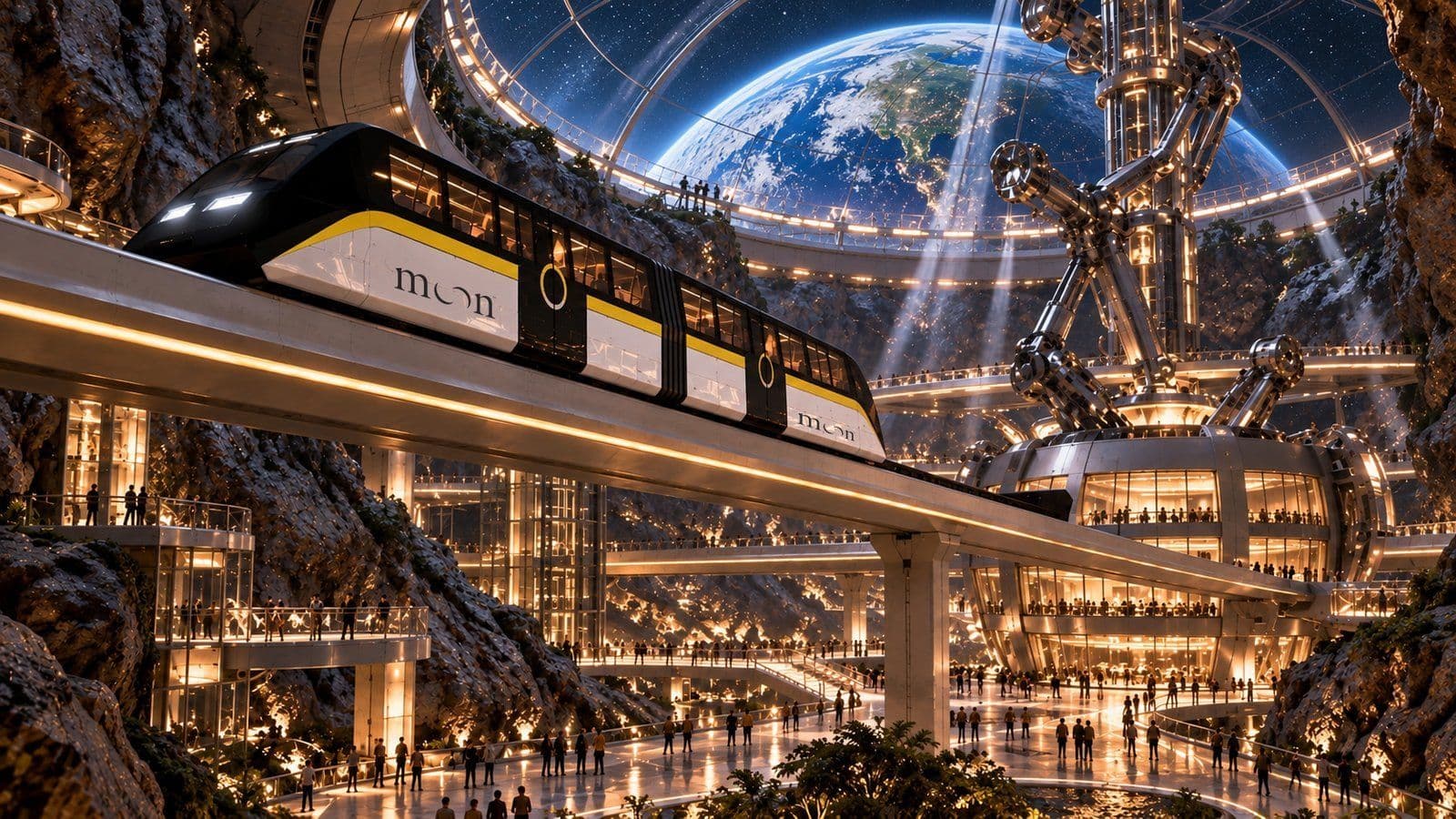 Render of the MOON monorail running through the interior of a planned MOON development