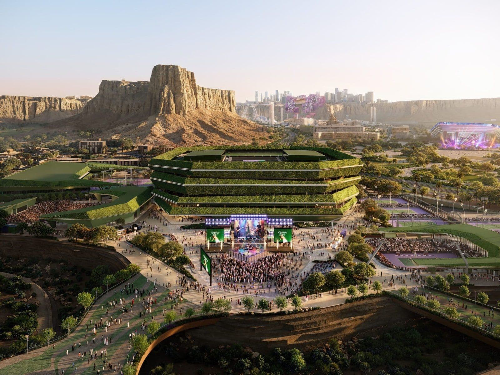 Rendering of the National Tennis Centre at Qiddiya City, where Zamil Structural Steel will fabricate and install the steel structures and external façades