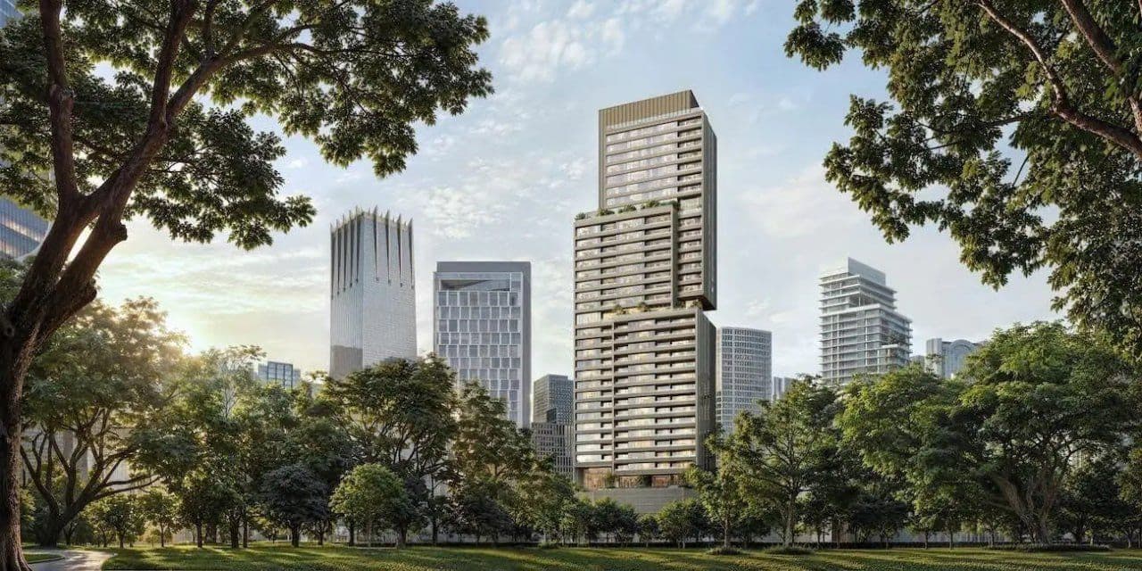 Rendering of Rosewood Residences Bangkok, a 37-storey residential tower on Rama 4 Road, seen from the trees of Lumphini Park