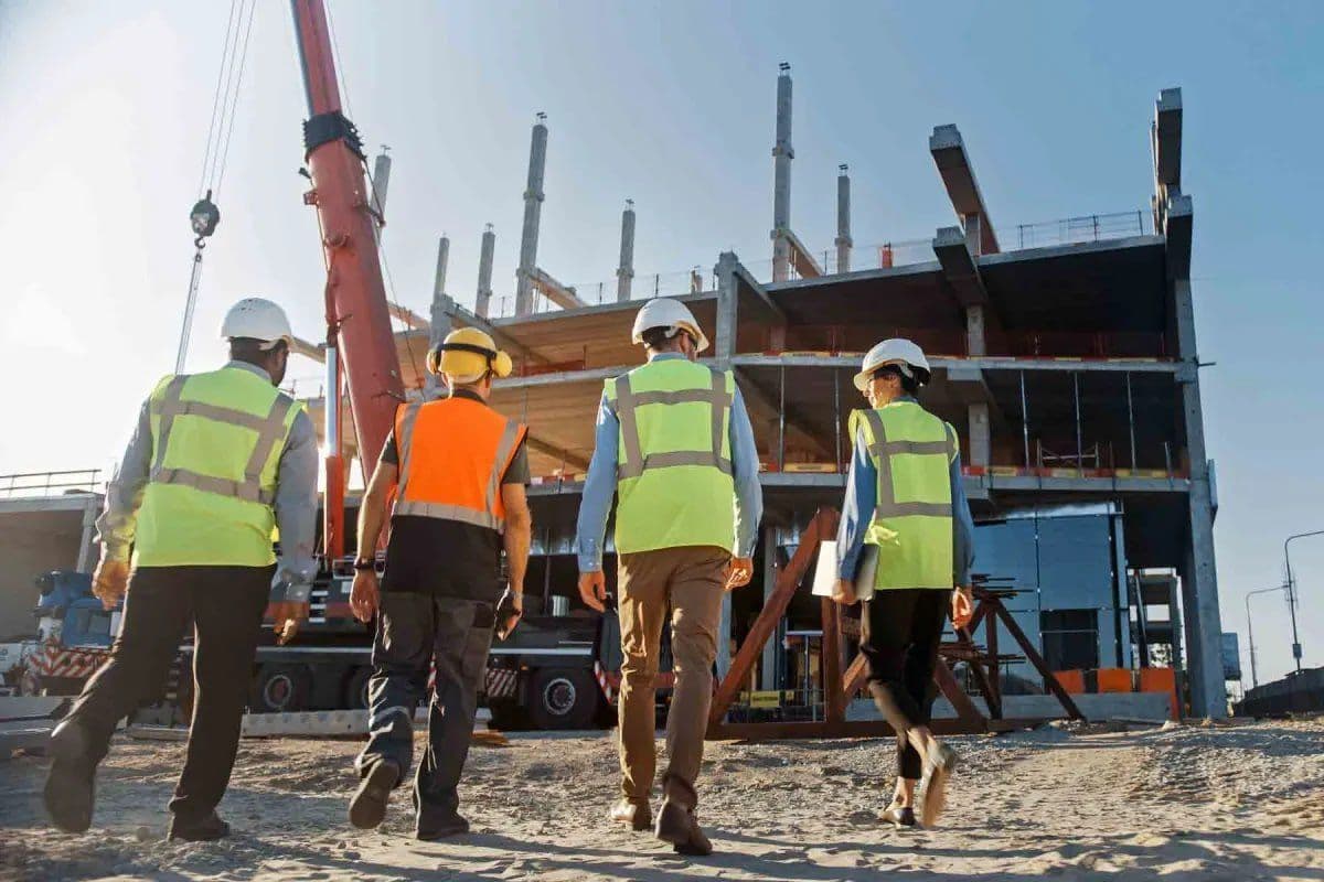 Construction workers in hard hats and hi-vis vests walk towards a concrete building frame beside a mobile crane